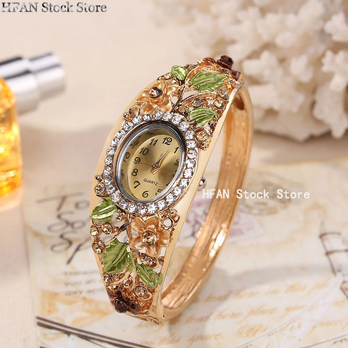 Women's Watches Stainless Steel Rhinestone Quartz Watch Women Fashion Flower Vintage Bangle Elegant Wristwatch zegarek damski