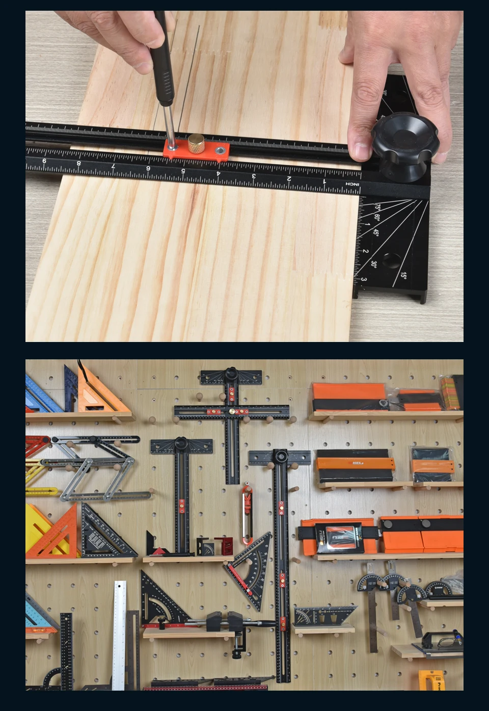 Holzbearbeitungs-T-Winkellineal mit automatischer Klemmung, Positionierlineal, Bohrlochmarkierungslehre, Winkellineal, T-förmiges Lineal für Schreiner – Detail 19