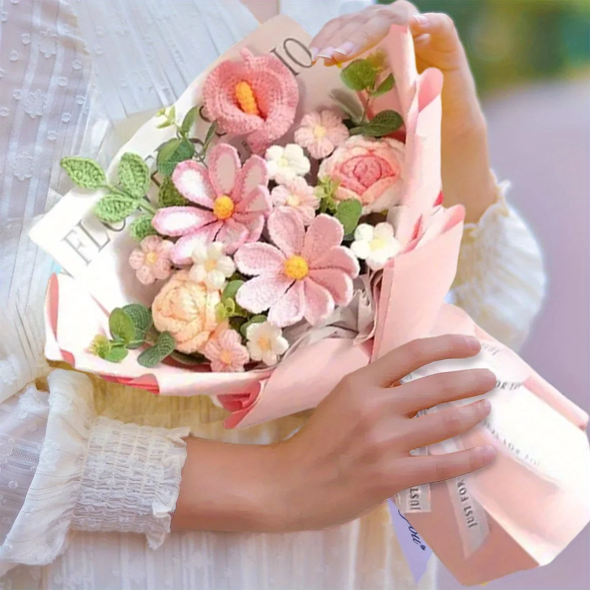 

Completed Crochet Flowers Bouquet with 14Pcs Crochet Flowers for Decoration, Crochet Rose Calla Lily Bouquet for Home