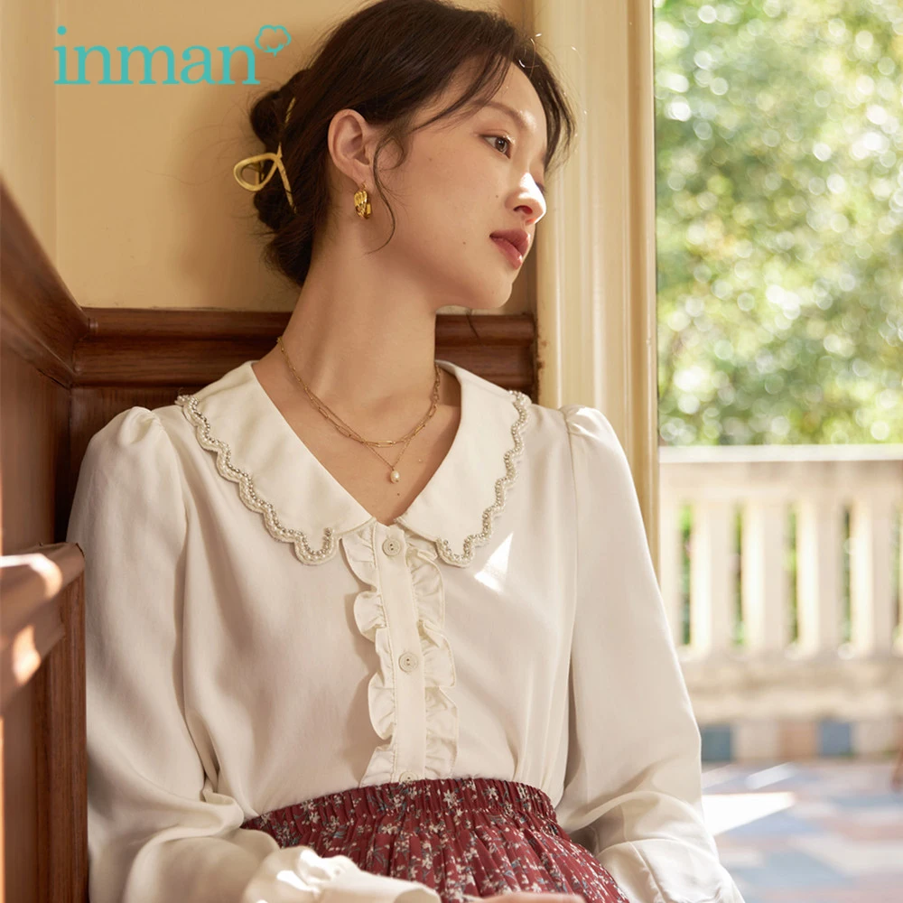 IINMAN Spring Fashion Women's Blouses Elegant Chic Women's Shirts Beaded Lace Lapel Temperament Tops Pure Color Women's Clothing