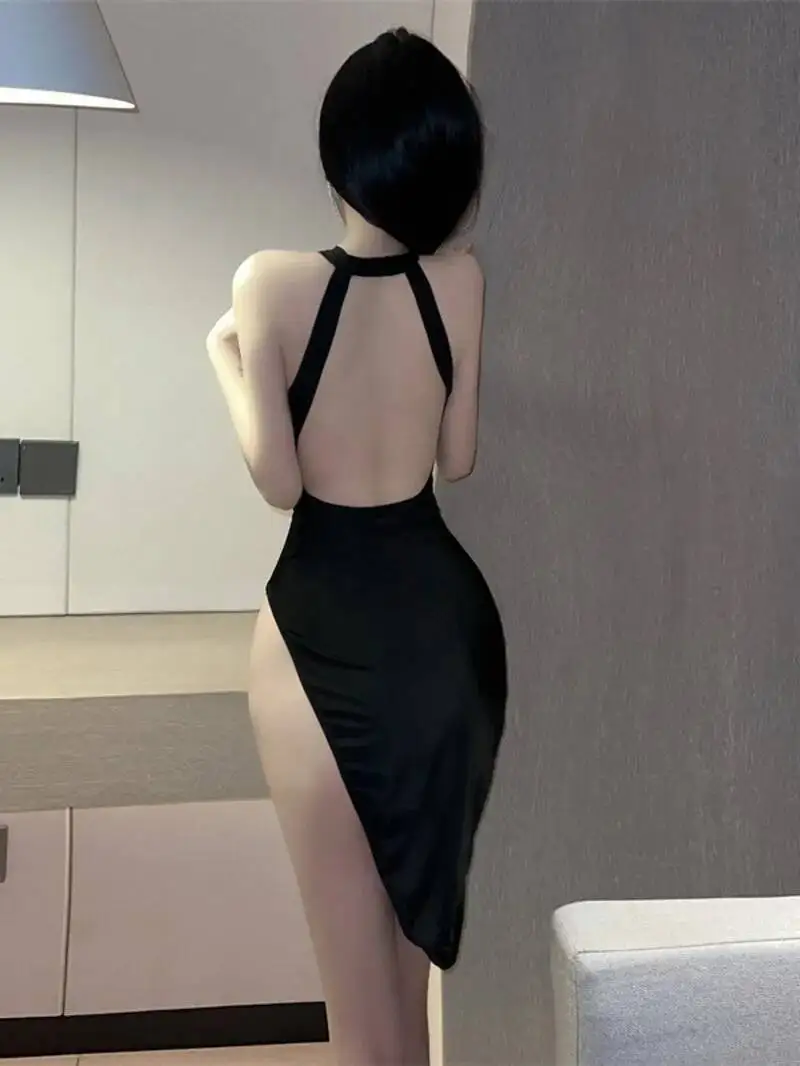 WOMENGAGA 2023 Sexy col suspendu haute fente maille pure transparente poitrine basse serré mince hanche robe pour les femmes nouveaux hauts V8ND