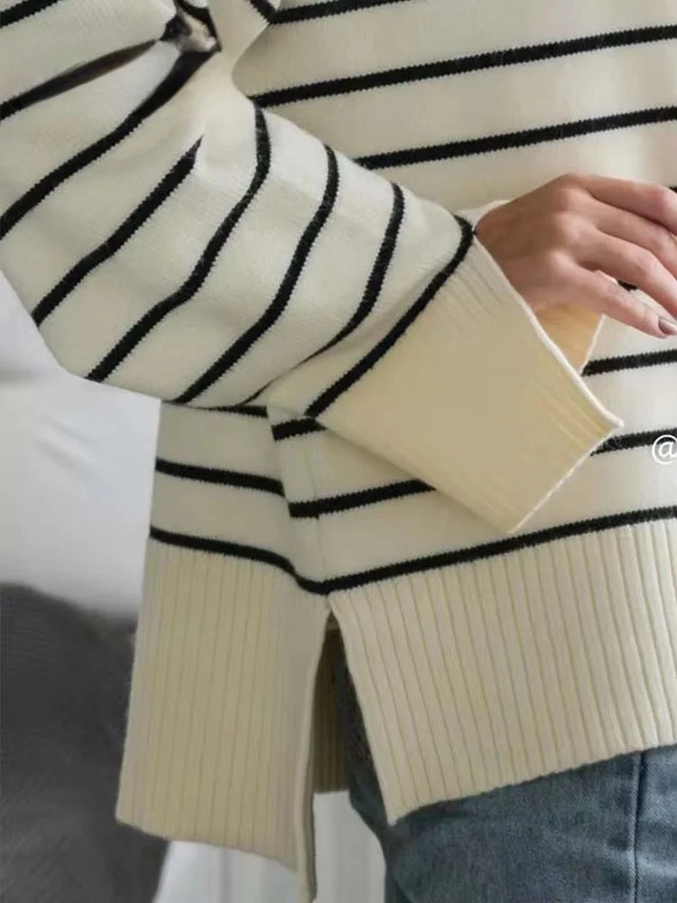 Damesmode Losse gestreepte asymmetrie gebreide truien Vintage lange mouwen Zip-up vrouwelijke truien Chique gebreide tops