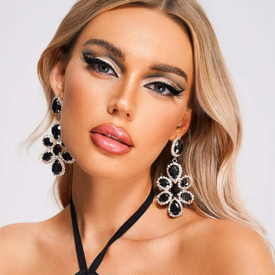Роскошные черные серьги-капли со стразами и цветами 2025 для женщин, аксессуары для вечеринок Drag Queen, серьги с кристаллами, большие ювелирные изделия, модные