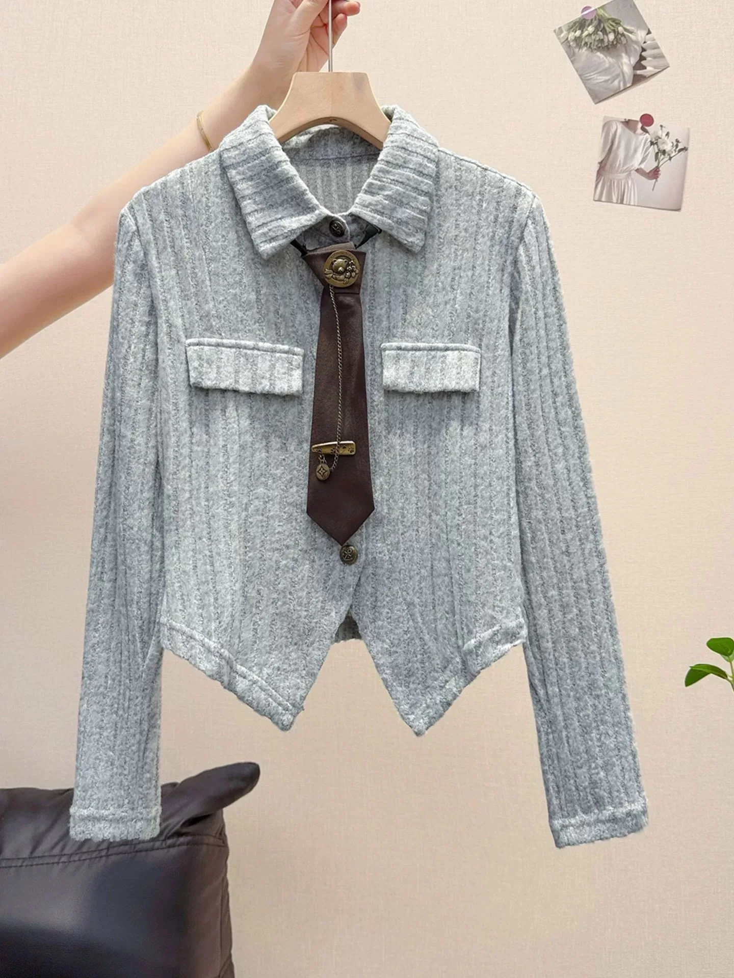 

Women's Grey Shirt Collared Long Sleeve Y2K American High Street Cute Aesthetic College Retro Top for Autumn Clothing 2025 New