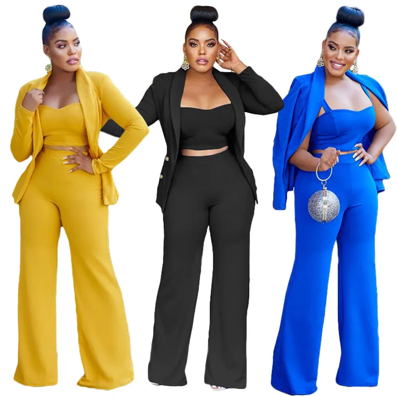 

Women Three Piece Pant Sets Cardigan Vests Wide Leg Pant Suits Solid Elegant High Waist Spliced Long Sleeve Blazer Suit