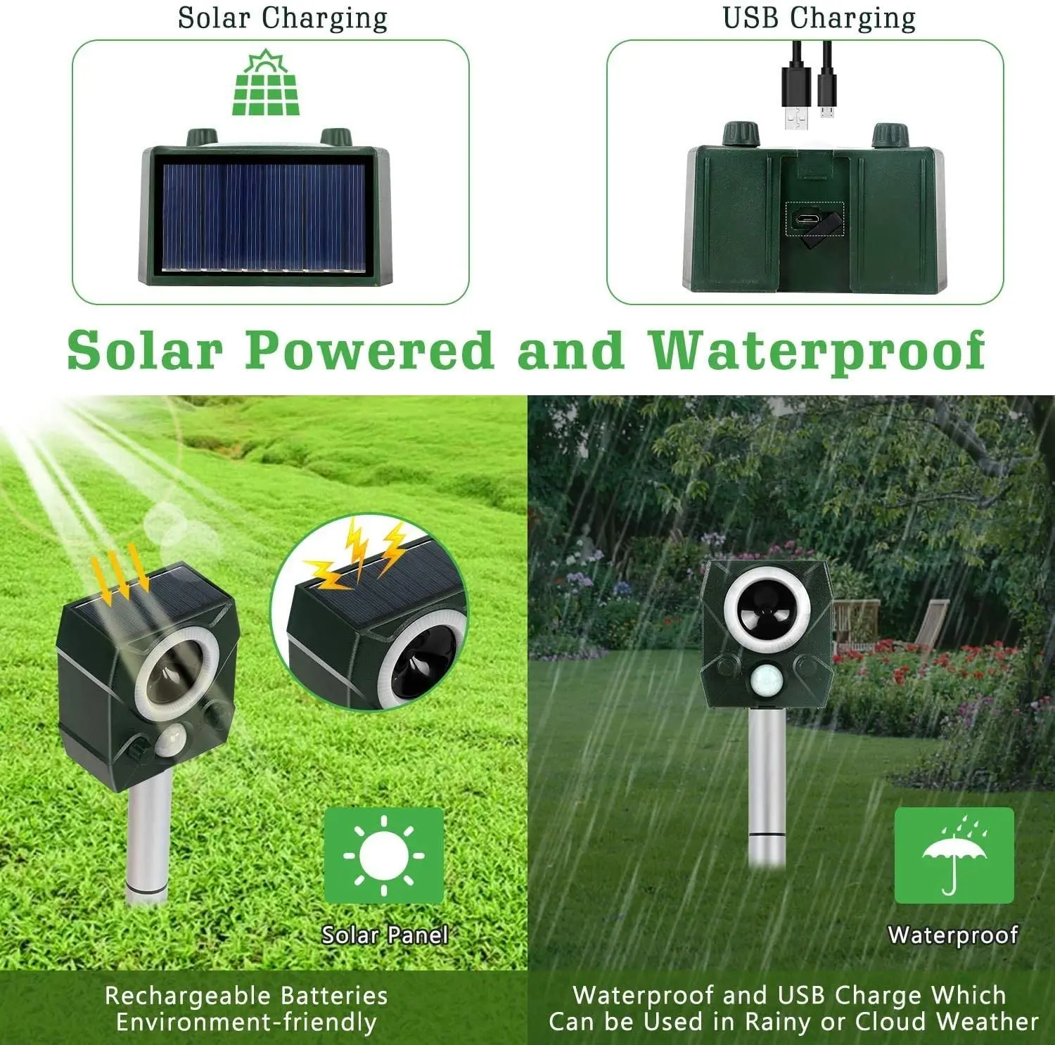 Solarbetriebener Taubenvertreiber für den Außenbereich mit Wechselrichter, LED-Blitzlicht, Ultraschall- und Sprachalarmen – Detail 2