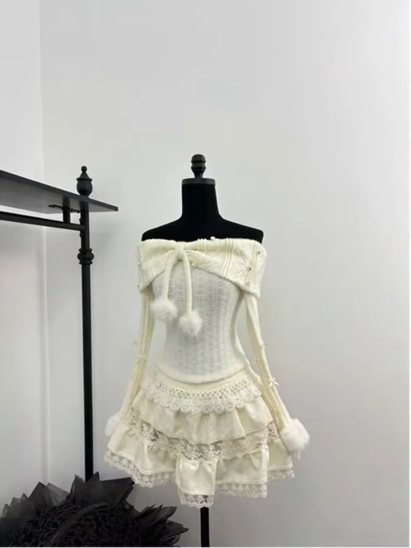 

Sweet Lolita Style 2 Piece Set Women Kawaii Pearl Slash Neck Slim Y2k Tops with Oversleeve Lace Mini Skirt Suit Female Outfit
