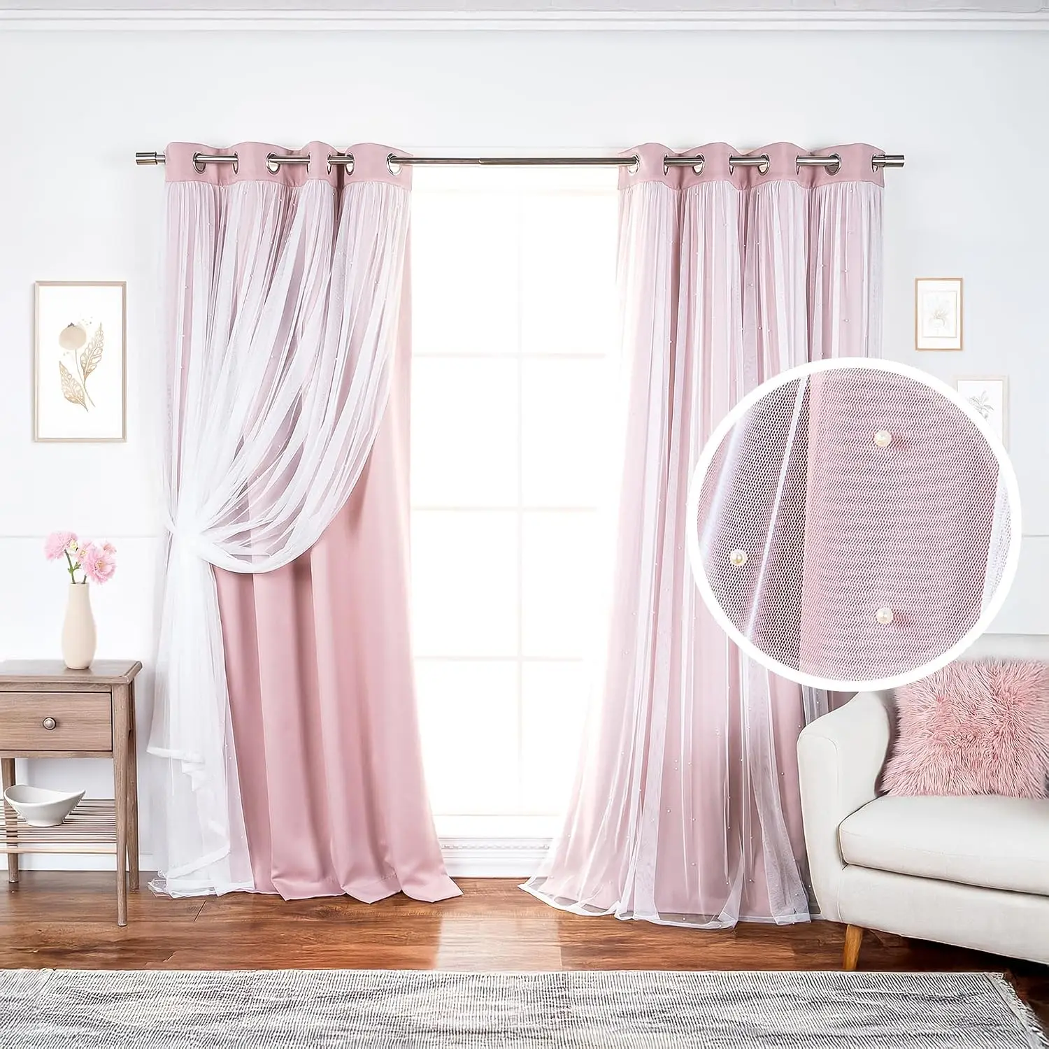 Pearl Bead Lace Blackout Curtain Set, Vintage Crochet Trim Window Drapes with Beaded Fringe, 100% Blackout Room Darkening Curtains for Bedroom Living Room New