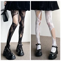 Meia-calça arrastão Lolita para mulheres, punk gótico, harajuku, irregular, buracos rasgados, calças justas de malha, meias florais sexy de renda, preto e branco