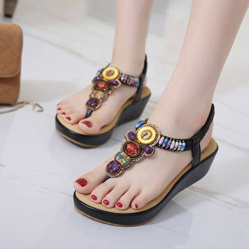 2024 Summer Women 3.5cm Platform 5.5cm Wedges High Heels Sandals Fashion Crystal Vacation Beach Sandles Gladiator Vintage Shoes