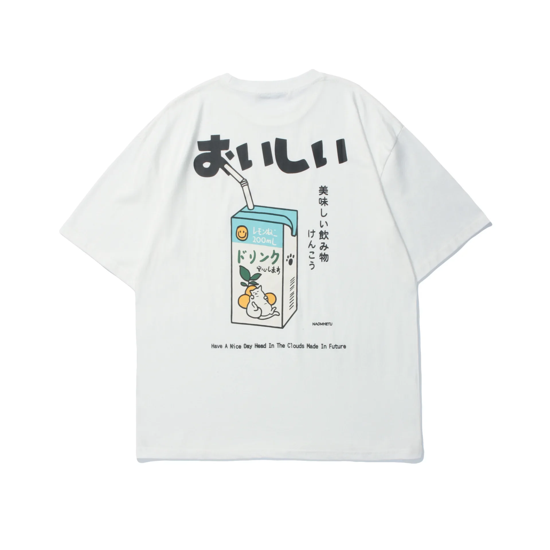 Japanese Harajuku Oversized T Shirts for Men Summer Half Sleeve Round Neck Tops Tees 100% Cotton Cartoon Drink Print T Shirt Men