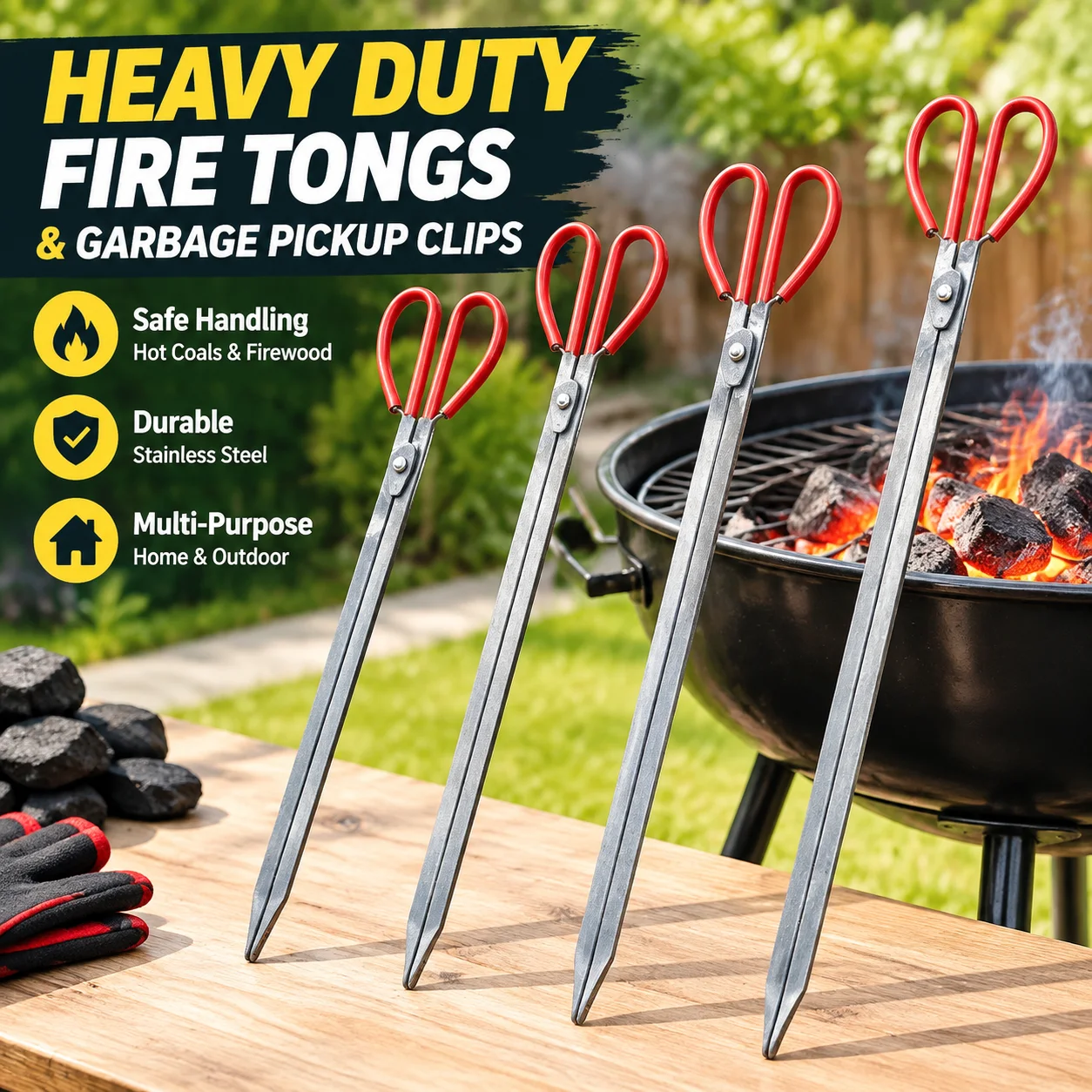 Heavy Duty Forged Stainless Steel Fire Tongs and Garbage Pickup Clips for Charcoal and Household Sanitation