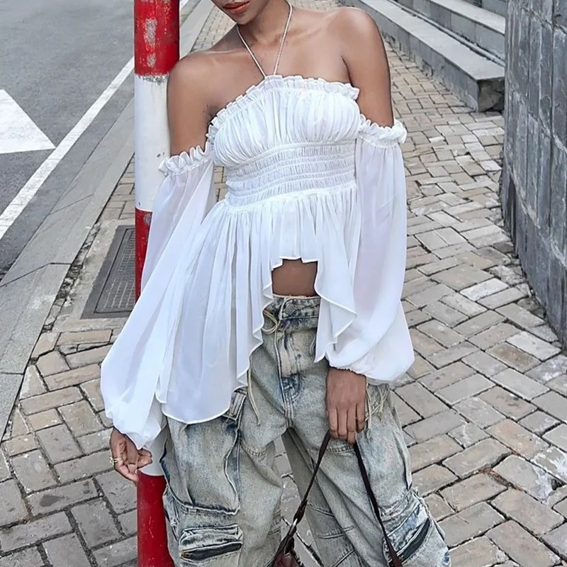 

Pleated Lantern Long Sleeve Shirt For Women's 2026 Spring And Autumn New Vintage White Square Collar Blouse Tops Female