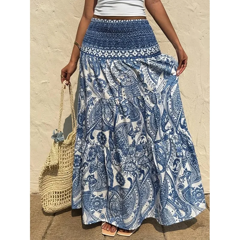 Women Boho Paisley Print Maxi Skirt High Waist Smocked Tiered Flowy Long Skirt Casual Summer Beach Dress
