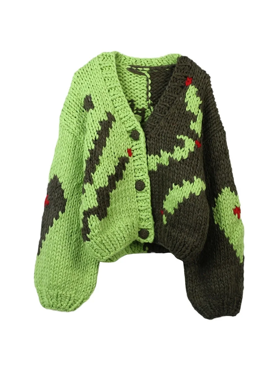 

Euramerican Lazy Style Women's Sweater Autumn And Winter New Style Women's Graffiti V-neck Long-sleeved Loose Knitted Cardigan