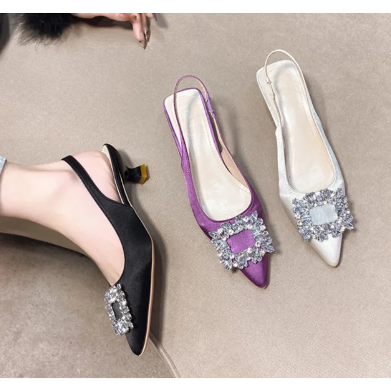 Summer Women Sandals Women's Slingback Pointed Toe Shallow Nude Pink Diamond Shoe Low Heel Back Strappy Shoes Women Dress Shoes