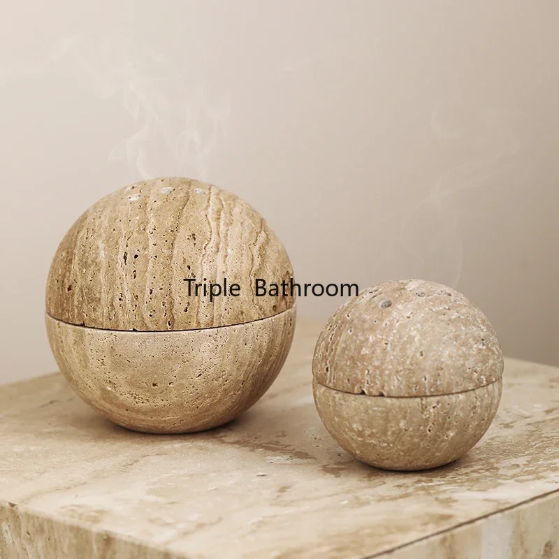 Natural Beige Travertine Marble Stone 9 Holes Sphere Incense Burner Arabian Mubkhar Wood Plate Container Tabletop Incense Holder