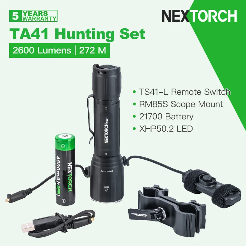 

Nextorch TA41 Tactical Flashlight Hunting Set with Remote Switch & Scope Mount, 2600 Lumens 272m Beam,21700 Battery Rechargeable