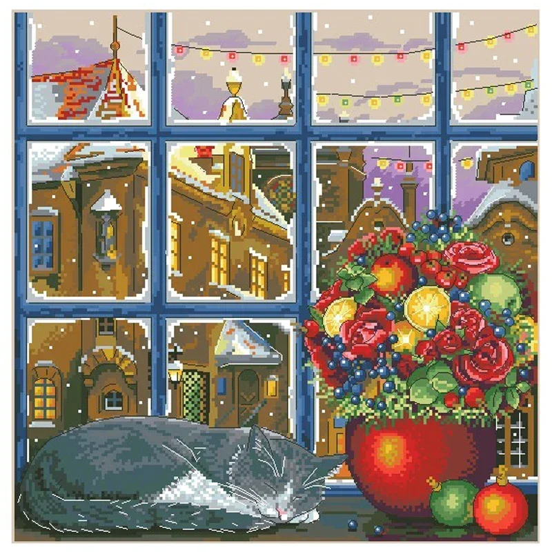 Amishop Gold Collection Counted Cross Stitch Kit Winter Sleep Cat Kitten On Windowsill Nap Snow Merejka K-87