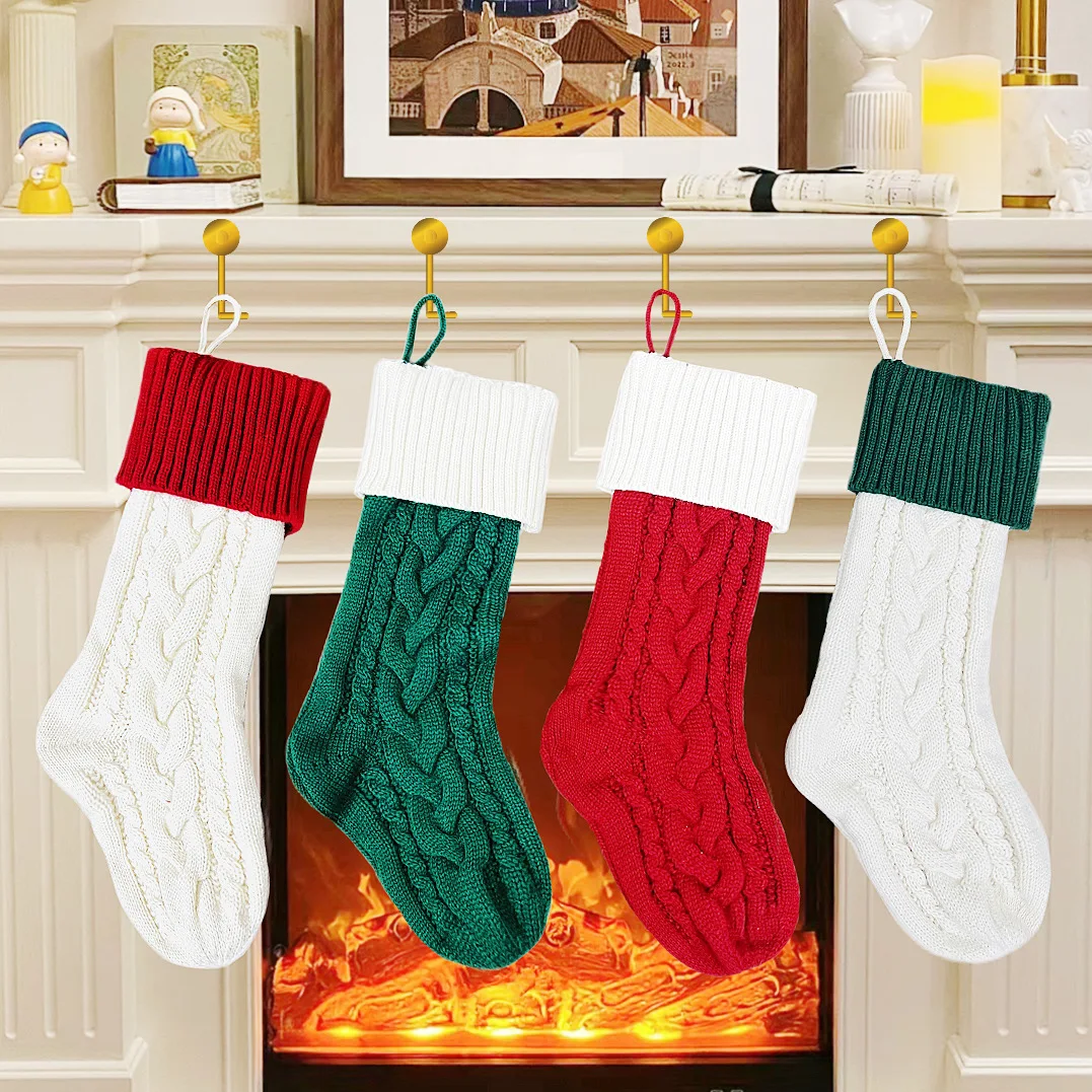 

Knitted Christmas Gift Bag Decorative Stockings Christmas Stockings Hanging Piece Color Matching Fried Dough Twists Gift Bag