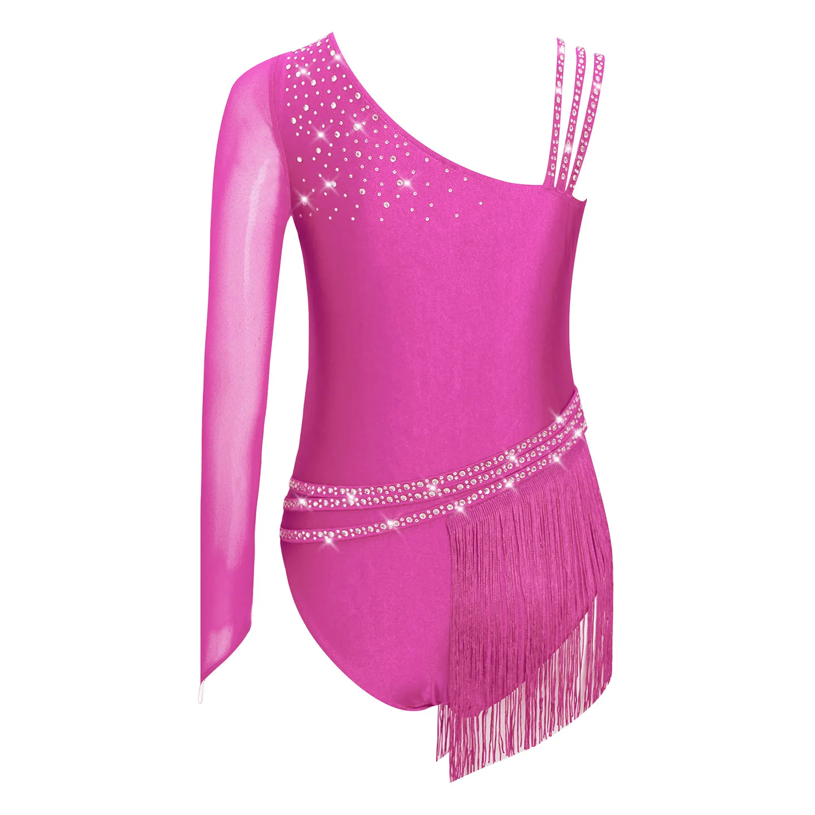 Kids Girls Figure Skating Dance Leotard Glittery Rhinestones Irregular Tassel Fringe Skirted Bodysuit for Latin Jazz Performance