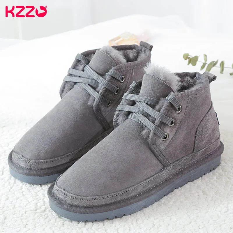 KZZO New Real Sheepskin Lace-up Ankle Boots For Men Natural Wool Lined Casual Leather Winter Keep Warm Shoes Waterproof  Black