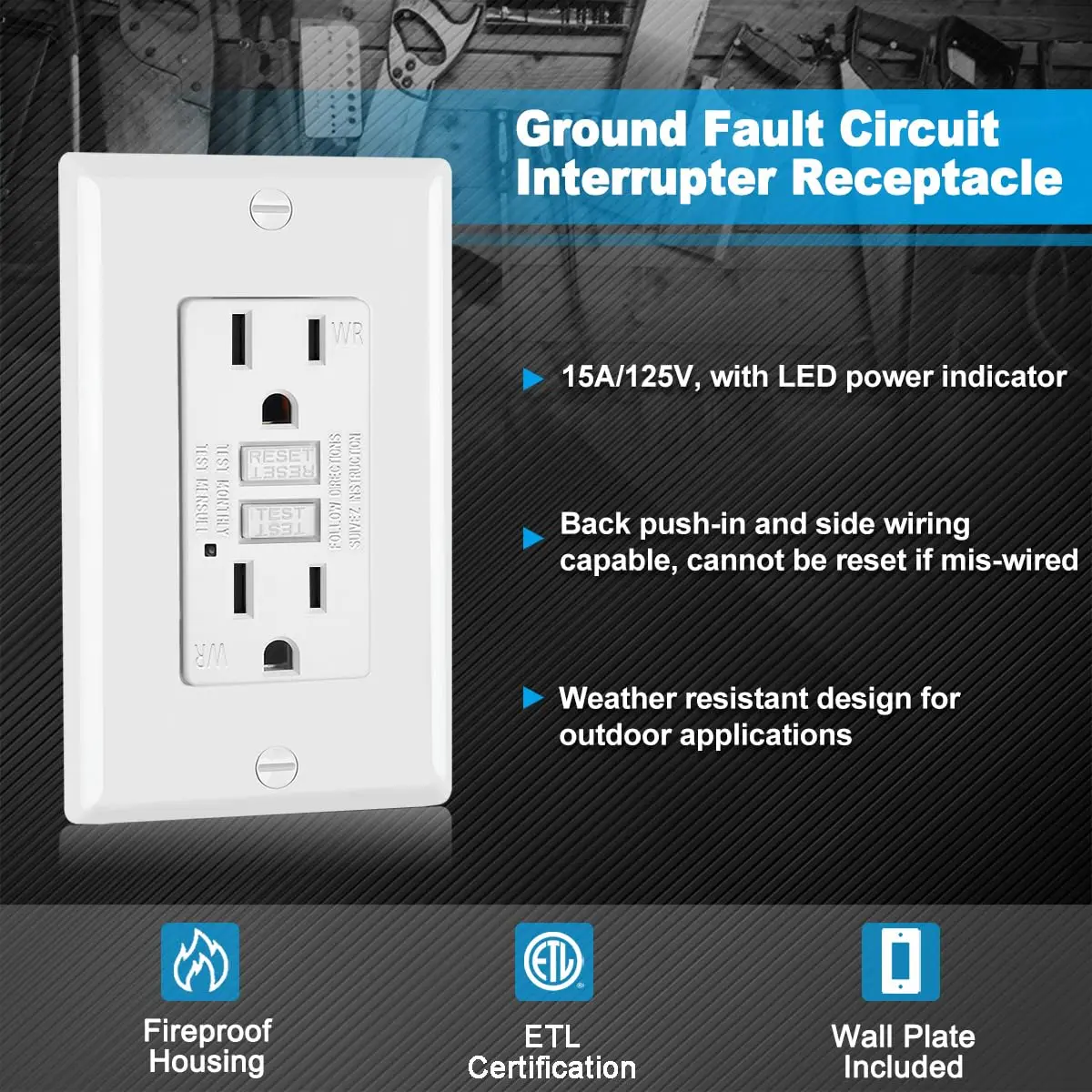 15 Amp WR GFCI Receptacle Outlet, Outdoor Weather-Resistant GFI, Ground Fault Circuit Interrupter, Wallplate Included, White