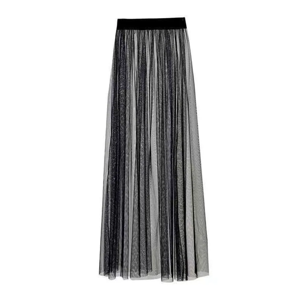 

Летние черные сетчатые юбки с эластичной талией, однослойные, прозрачные, длинные макси-юбки