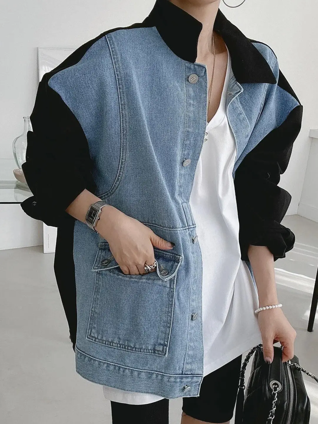Retro Hong Kong Sle Women's Loose Long Denim Jaet Color Blo Workwear Sle Coat Chic Korean Faion Button Closure