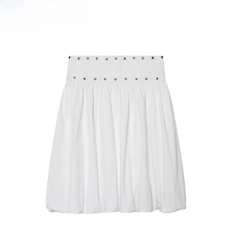 Spring New ZR Women's Midi Skirt Rivet Decorated Balloon Style French Style Casual Polyester Fiber mid Waist Skirt
