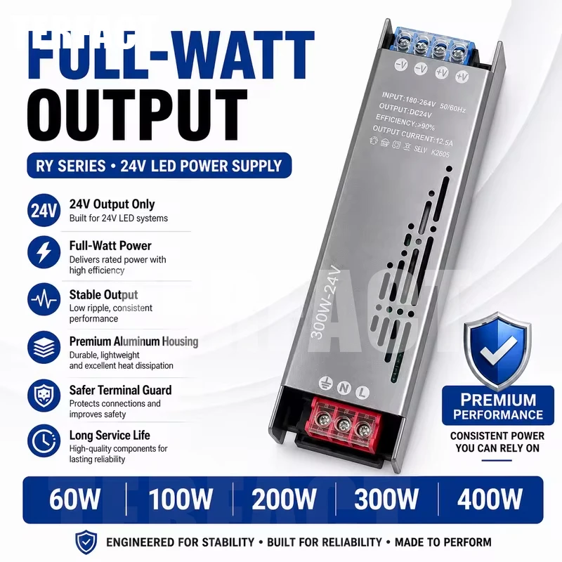 24V LED Power Supply 60W 100W 200W 300W 400W Full Wattage AC 180-264V Switching LED Driver for LED Strip Light Box