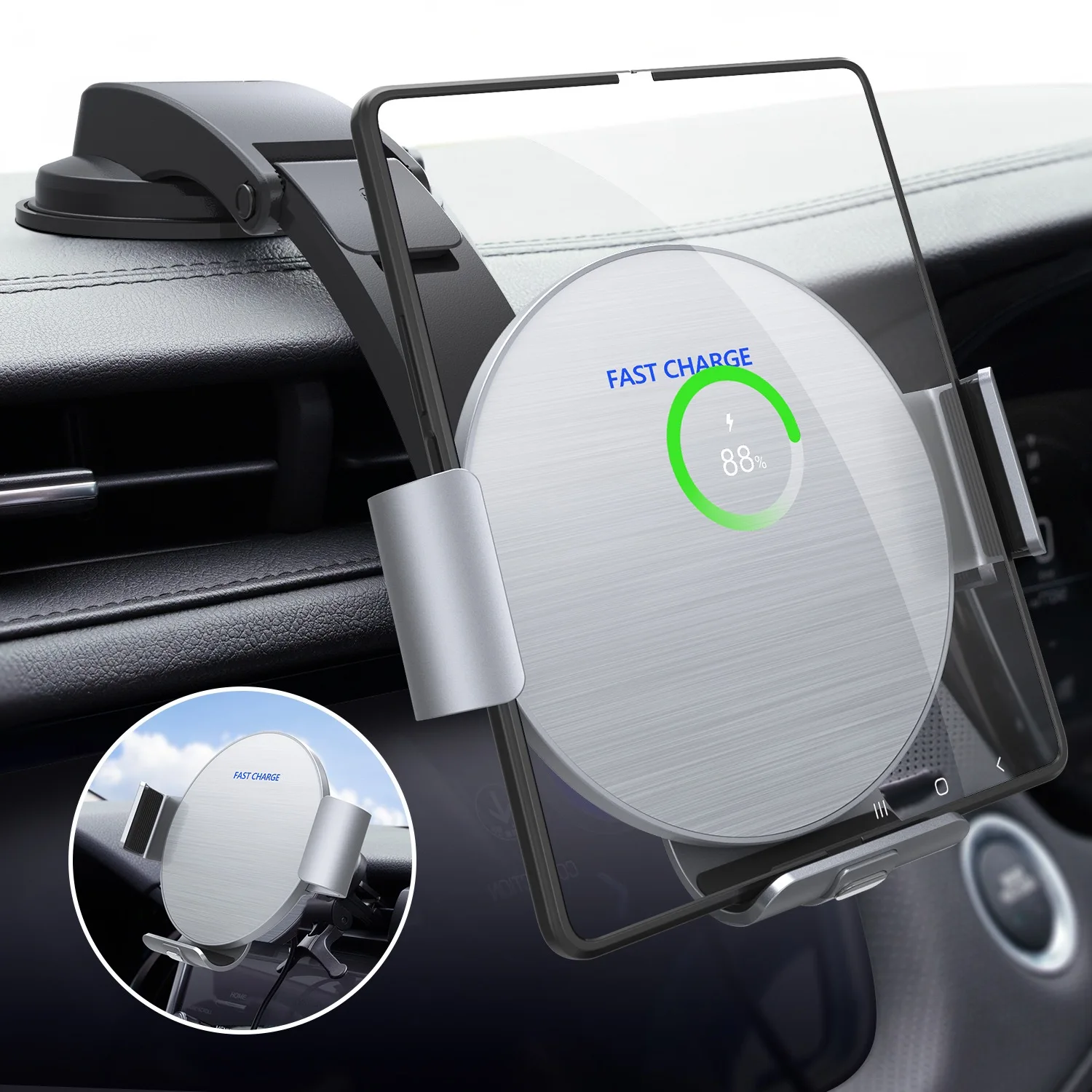 15W Dual Coil Qi Wireless Car Charger Mirror Mount Holder Compatible for Samsung Galaxy Z Fold5 Fold4 Fold3 S22 Ultra Car Phone