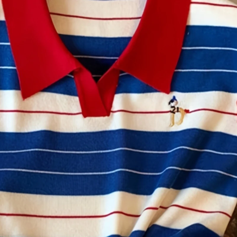 Women Red Collar Color Block Striped Knit Pullover Sleeveless Embroidery Decor Stretchy Slim Summer Preppy Knit Sweater Top view 6