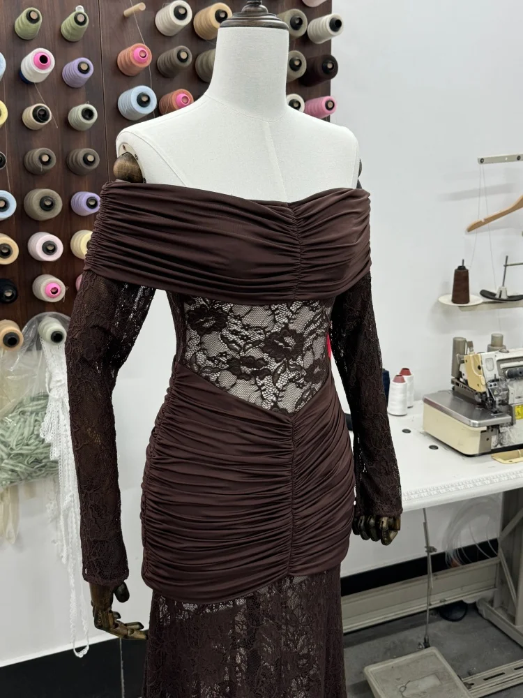 فستان سهرة طويل من الدانتيل بدون أكتاف باللون البني من VC للنساء - فستان حورية البحر مكشكش من الدانتيل الشفاف بأكمام طويلة للحفلات #5