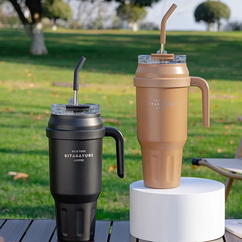 1 قطعة ترمس من الفولاذ المقاوم للصدأ كوب 1450 مللي قدرة الرياضة في الهواء الطلق اللياقة البدنية وعاء شرب مزدوج سيارة كوب بوليون الجليد مع القش