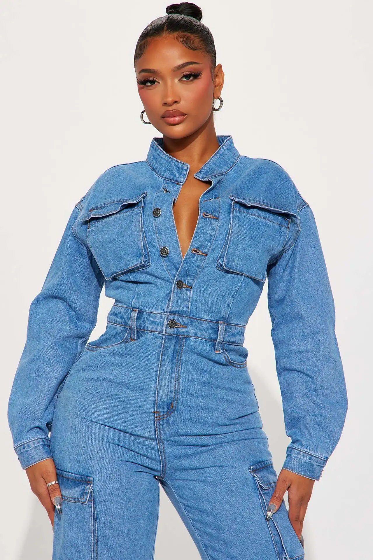 Fall Women's Fashion Denim Jumpsuit Comfortable Casual Loose Mid-Waist Commuter Ladies Solid Color Jumpsuit Pants