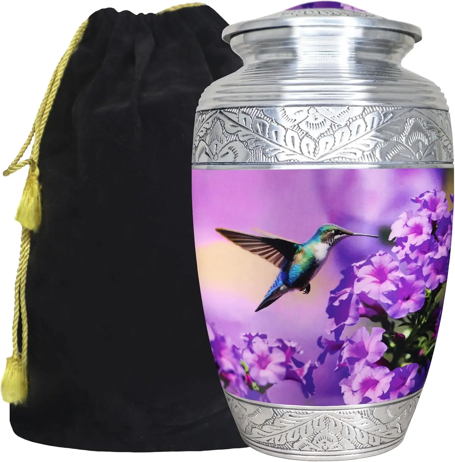 

Большая фиолетовая урна для праха взрослого с гравировкой в виде цветка и колибри, декоративная для похоронных обрядов