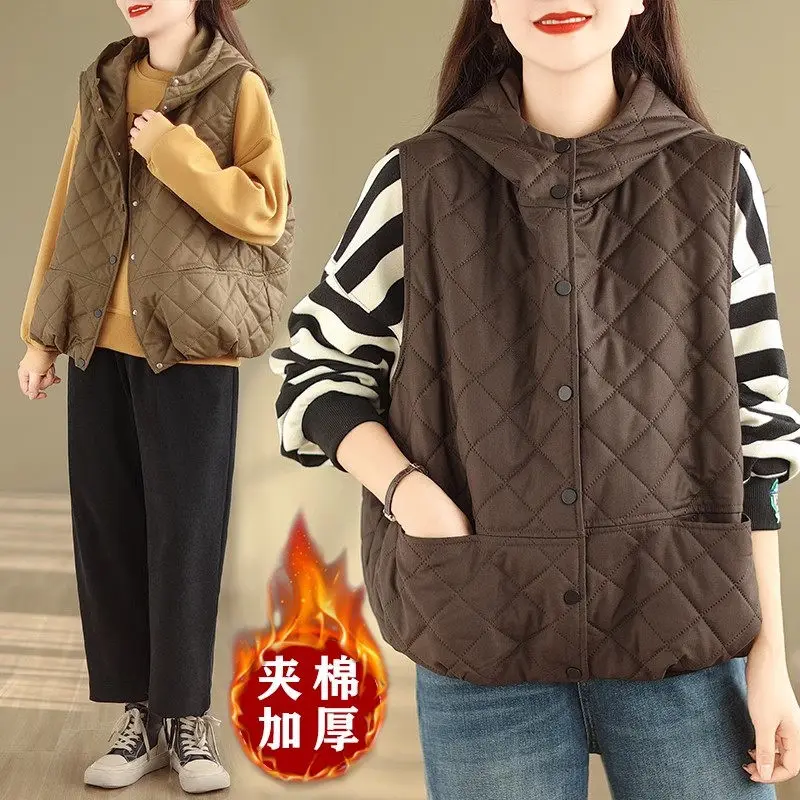 

Autumn And Winter Women's Fashion Vest Cotton Jacket Hooded Sleeveless Loose Casual Top Korean Short Waistcoat Z4236