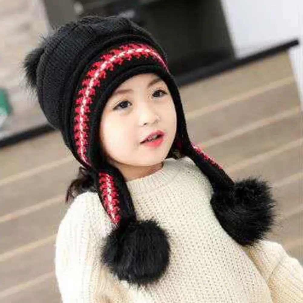 Cute Baby Beanie with Faux Fur Balls Warm Baby Beanie Thicken Warm Kids Beanie Hat with Three Pompom Big Hairball for Boys Girls