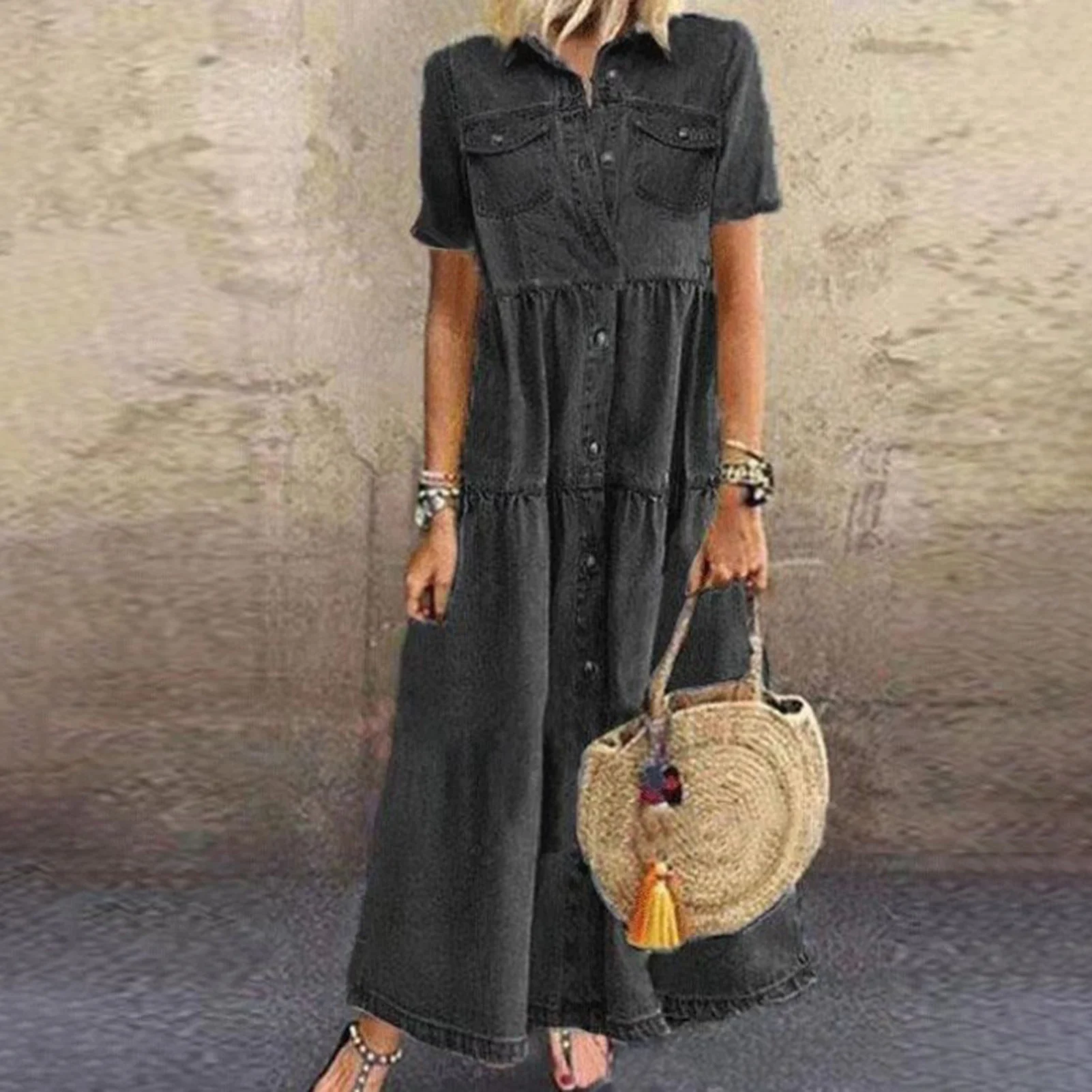 Bohemian Holiday Sundress Summer Women Vintage Denim Short Sleeve Beach Dress Loose Long Vestido Robe Femme