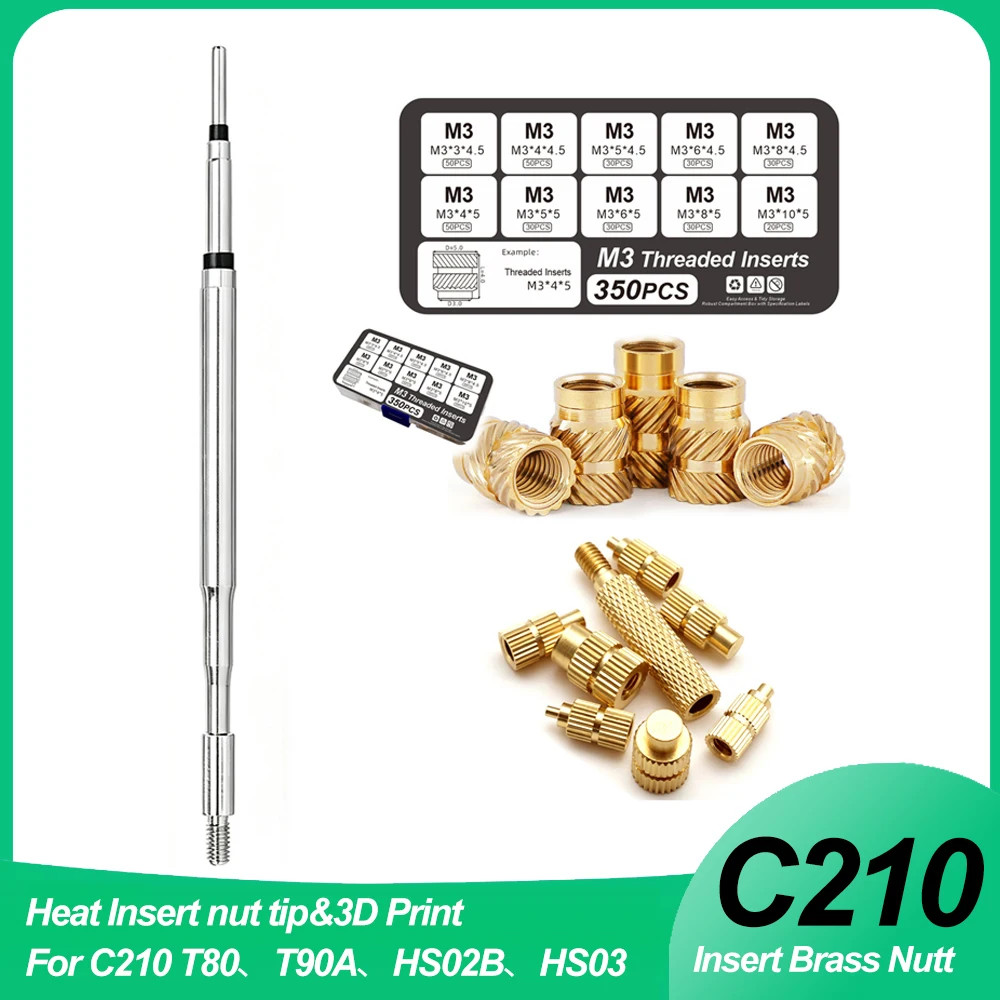 350PCS M3 Brass Hot Melt Insert Nut Tip C210 Heater Heat Internal Thread for JBC210 T80 T90A HS02B HS03 Soldering Iron3D Printer