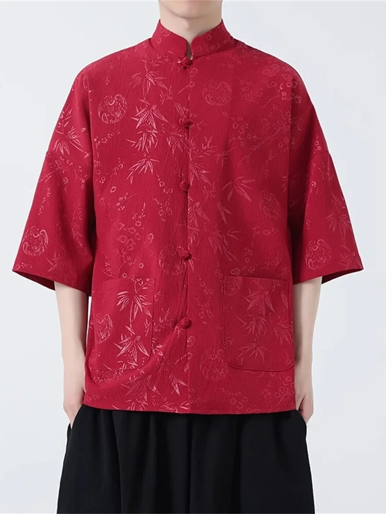 

Мужская повседневная рубашка Red Ort Sve, летняя, модная, в китайском стиле, молодежная, стандартного кроя, на пуговицах, длина до середины бедра