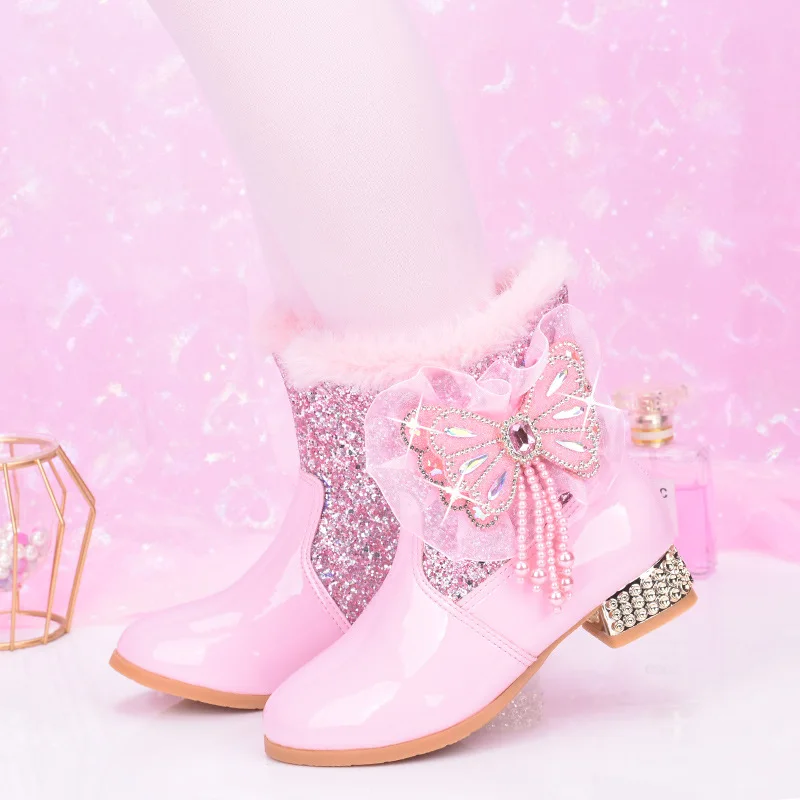 

Girls Leather Boots 2025 Winter Sweet Princess Bow Tassel Children's Ankle Boots Zipper Warm Plush Booties Kids High Heels 27-38