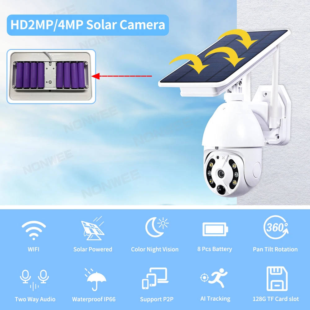 4MP WiFi Solar Camera 2MP Outdoor Wireless PTZ CCTV Security Cameras With Solar Panel Rechargeable Battery Auto Tracking