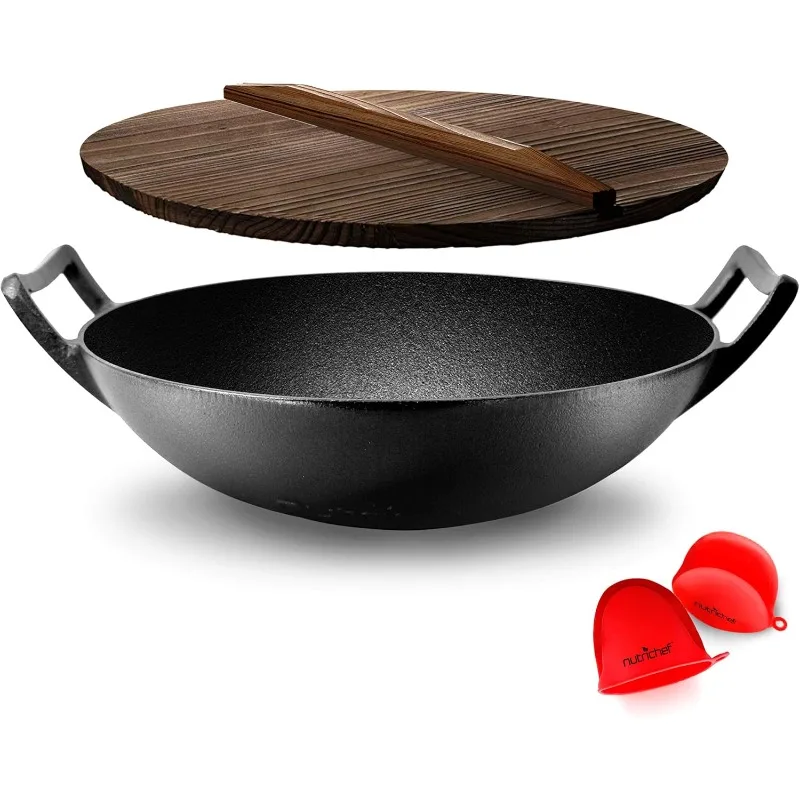 

NutriChef Pre-Seasoned Cast Pan-5.8 QT Heavy Duty Non-stick Iron Chinese Wok or Stir Fry Skillet w/Wooden Lid, for Electric