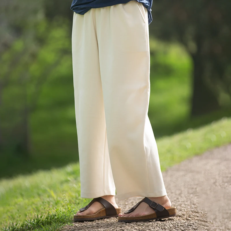 

Warm White Cotton Knitted Casual Pants Women's Elastic Waist Loose Wide Leg Pants Lightweight New Artistic Women's Pants