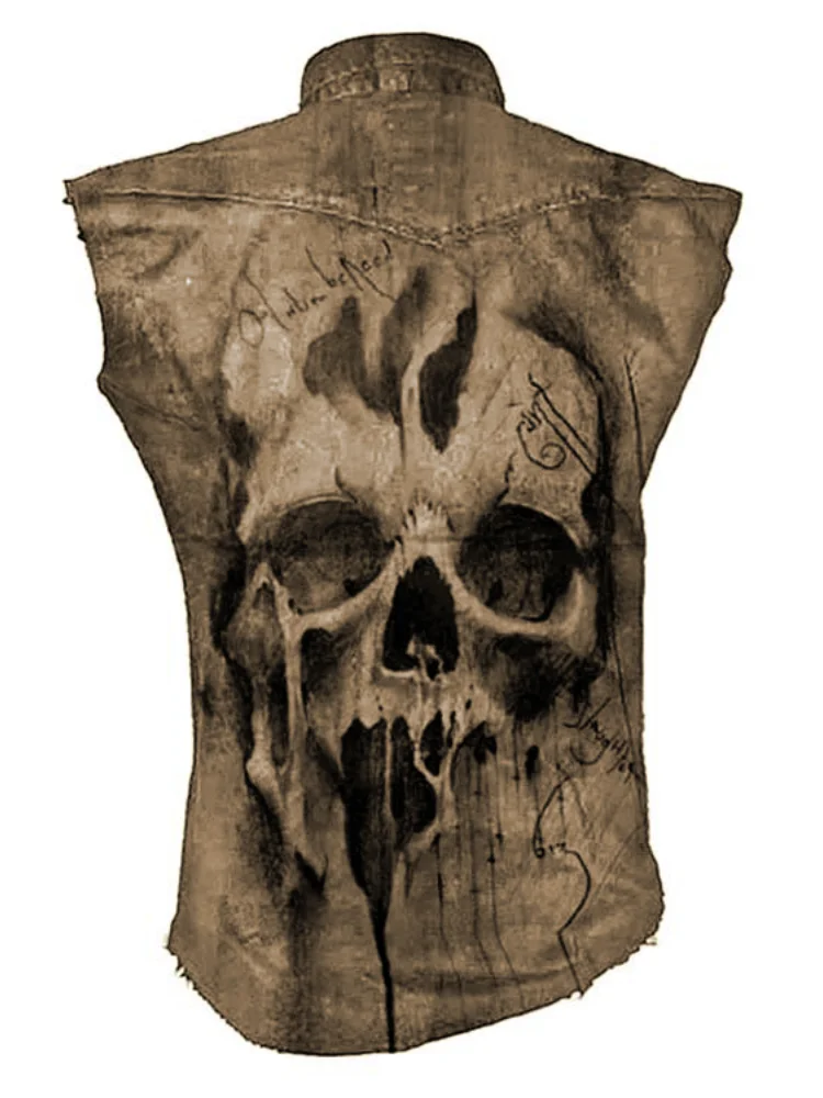 Men Distressed Sleeveless Denim Vest 3D Skull Print Punk Motorcycle Street Shirt