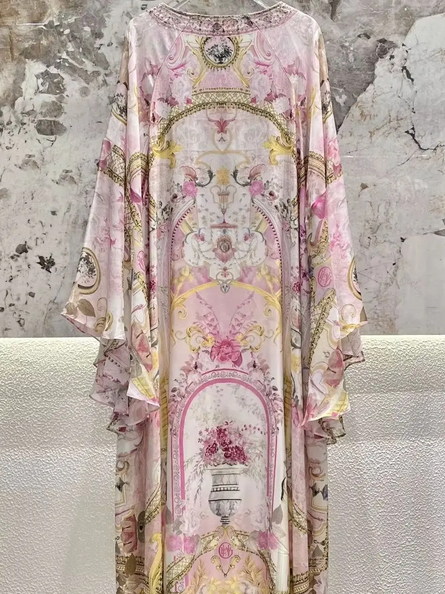 Women Heavy Beaded Pink Robe Floral Print V-Neck Batwing Sleeve Elegant Female 100% Silk Maxi Dress