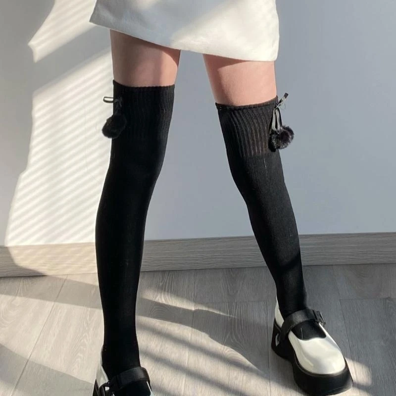 

Women Winter Warm Faux Wool Knit Thigh High Stockings with Plush Hair Ball Bowknot Solid Color Over Knee 15UB