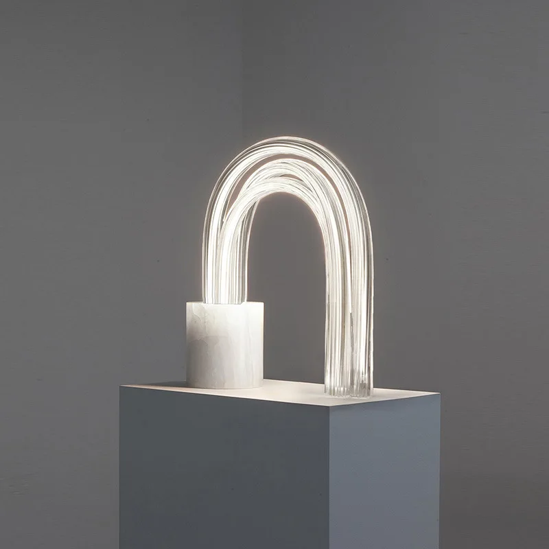Post Modern Acrylic Tube LED Fiber Concentric Lock Table Lamp with Cylindrical Marble Base for Bedside